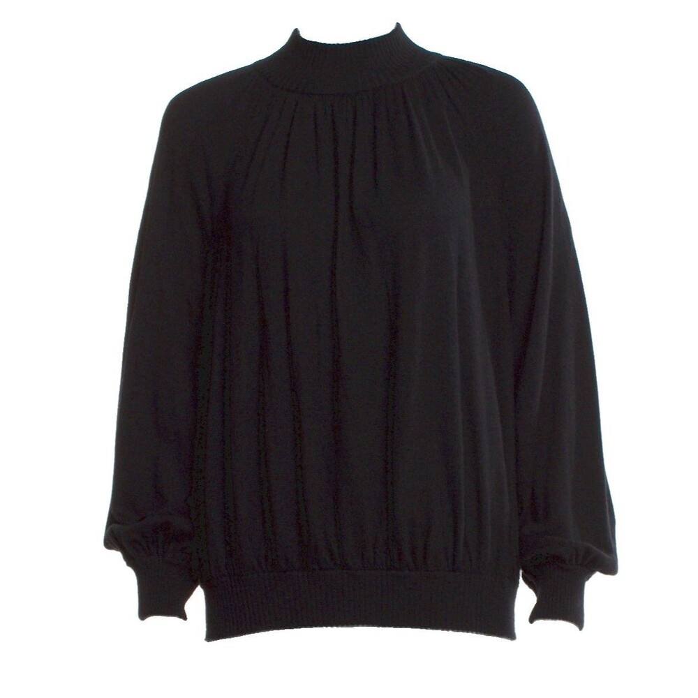Co 100% Cashmere Womens L Knit Black Mock Neck Sweater Blouson Sleeve Pullover